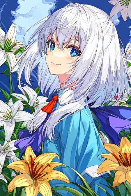 00344-2859320195-_ligne claire, flat color, detailed,_1girl, long white hair, blue eyes, lily flowers, hair flower, smile,_blue and white formal.png